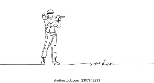 Worker, team foreman, builder one line art. Continuous line drawing of repair, professional, hand, people, concept, maintenance with inscription, lettering, handwritten.