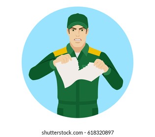 Worker tearing paper or contract. Portrait of Delivery man or Worker in a flat style. Vector illustration.