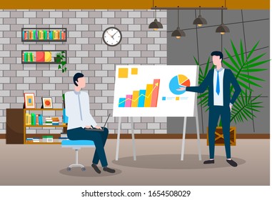 Worker Tell And Show Financial Report To Manager, Appointment About Company Analytics. Data Diagram On Board In Office Room. Interior With Plant And Bookshelf. Vector Illustration Of Business Meeting