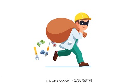 Worker thief criminal wearing disguise eye mask running carrying big sack full of cash money packs falling from it. Happy smiling robber man carrying loot steal. Flat vector character illustration