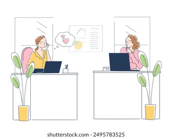 Worker thinking about love. Young girl dreams of her boyfriend. Employee in love at workplace. Manager in romantic relationship. Linear vector illustration isolated on white background