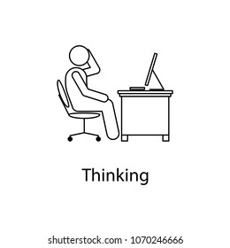 worker is thinking icon. Element man in front of a computer in the workplace for mobile concept and web apps. Thin line icon for website design and development app development on white background