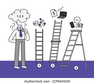 Worker Thinking Of Which Ladder To Climb Hand Drawn Character Illustration