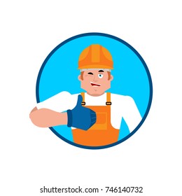 Worker thumbs up. Builder in protective helmets  winks emoji. Service worker Serviceman cheerful. Vector illustration
