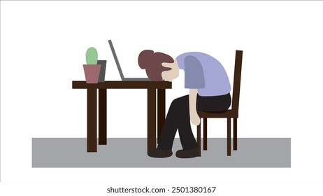 Worker is tired working in the office from hard work, woman is burnt out due to lot of work, sleepy girl sits at her desk with laptop and puts things off, woman head on the table on job