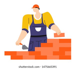 Worker and tool, building or construction works, man laying bricks vector. Brick wall constructing, house or architecture, builder in hardhat with putty knife. Male character in uniform, handyman