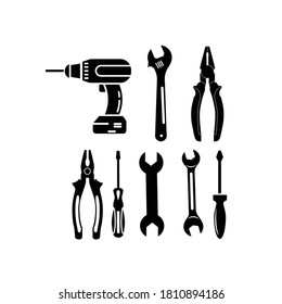 Arbeitstool Symbol Satz von Schraubenschlüssel, Schraubenzieher, Zange, Bohrer. Vektorgrafik