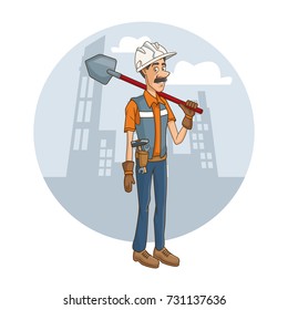 Worker with tool on cityscape cartoon