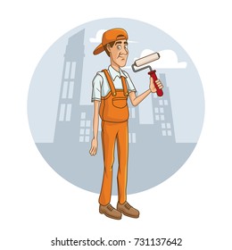 Worker with tool on cityscape cartoon