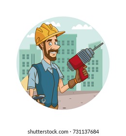 Worker with tool on cityscape cartoon
