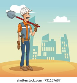 Worker with tool on cityscape cartoon