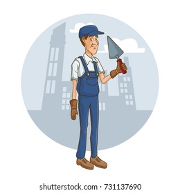Worker with tool on cityscape cartoon