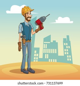 Worker with tool on cityscape cartoon