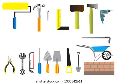 worker tool set icon vector, collection of hand tools flat icon of construction such as hammer, saw, shovel and brush  illustration 
