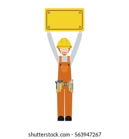worker with toolkit and plaque up with blond hair