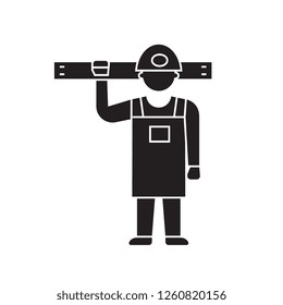 Worker with tools black vector concept icon. Worker with tools flat illustration, sign