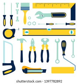 Worker tools builder, auto mechanic or mechanic. Insulated objects. In minimalist style Cartoon flat Vector Illustration