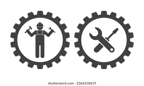 Arbeiter mit Werkzeugen in Händen des Gangradsymbol