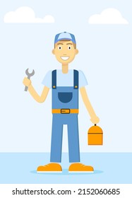 Trabajar con herramientas, reparador o plomero. Ilustración vectorial, diseño plano