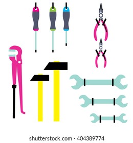 Worker tools set. Wrench, hummer, screwdriver, pliers web icons. Vector