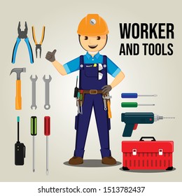 Worker and Tools vector design. Suitable as infographic or illustration for presentation