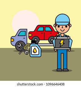 worker tow truck car service battery oil bottle