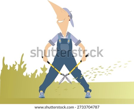Worker trimming grass and shrubbery.
Garden work. Cheerful worker or gardener with garden scissor doing maintenance work
