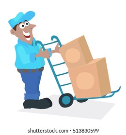 Worker with a trolley loaded with boxes. Vector illustration.