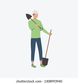 Worker with two spades flat icon. Shovel, helmet, hard hat. Builder concept. Can be used for topics like blue collar, gardening, planting