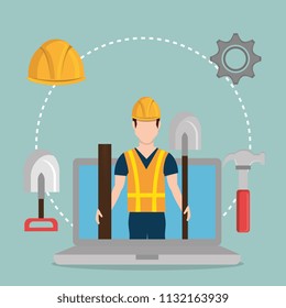 worker under construction with laptop
