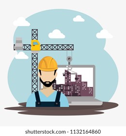 worker under construction with laptop