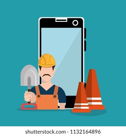 worker under construction with smartphone