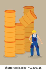Worker Under A Falling Barrel. Vector Cartoon Illustration On Falling Objects Hazards And Workplace Accident Concept Isolated On Plain Background.