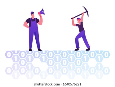 Worker under Management of Foreman with Megaphone Digging Hole in Ground with Binary Code to Search Useful Information. Data Mining and Business Intelligence Concept. Cartoon Flat Vector Illustration