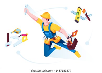 Worker in uniform with building tools. Man builder in uniform with helmet and belt. Tools for repairman or house repair service. Spatula and builder's spirit level, hammer and brush, saw and toolbox.