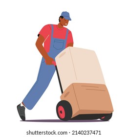 Trabajador en Camión de Mano Uniforme con Cajas de Cartón Aisladas en Fondo Blanco. Concepto Logístico de Almacenamiento de Transporte de Carga. Exportar mercancía de importación. Ilustración del vector de dibujos animados