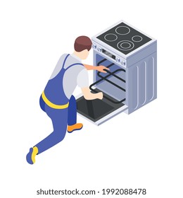 Worker in uniform fixing cooker stove isometric icon vector illustration