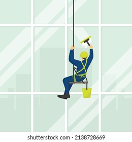 Worker in Uniform Hanging on Ropes Behind Skyscraper Window Concept vector icon design, Industrial cleaning service symbol, office and street caretaker Sign, maintenance appliance and equipment stock