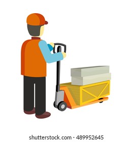 Worker in uniform and helmet with cargo cart. Warehouse and forklift truck, truck and jack, cargo cart, delivery and lift, equipment industry, industrial loader. Delivery and shipping cargo
