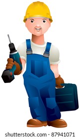 Worker in uniform and helmet with drill or screw gun