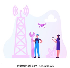 Worker in Uniform Hold Wrench Install Equipment for 5G Internet on Transmission Telecommunication Tower. Woman Control Quadcopter, High-speed Communication Technology. Cartoon Flat Vector Illustration