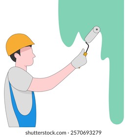 worker in uniform holding paint roller and painting green color on wall. man decorator with roller brush. Vector illustration.