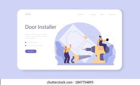 Worker in uniform install door web banner or landing page. Professional service, repairman team. Construction service, house renovation. Isolated flat vector illustration