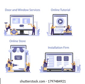 Worker in uniform install window and door online service or platform set. Professional service, repairman team. Online tutorial, store, service, website. Isolated flat vector illustration