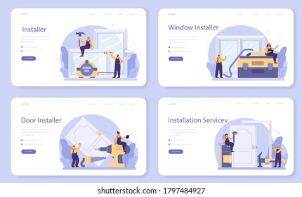 Worker in uniform install window and door web banner or landing page set. Professional service, repairman team. Construction service, house renovation. Isolated flat vector illustration