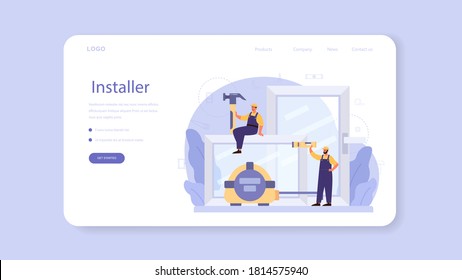 Worker in uniform install window web banner or landing page. Professional service, repairman team. Construction service, house renovation. Isolated flat vector illustration