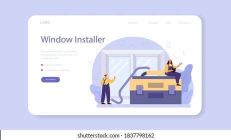 Worker in uniform install window web banner or landing page. Professional service, repairman team. Construction service, house renovation. Isolated flat vector illustration