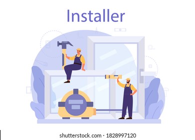 Worker in uniform install windows. Professional service, repairman team. Construction service, house renovation. Isolated flat vector illustration