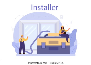 Worker in uniform install windows. Professional service, repairman team. Construction service, house renovation. Isolated flat vector illustration