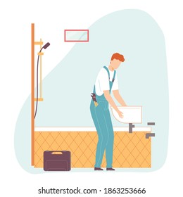 Trabajador uniformado instala el fregadero. Renovación interior de casa o casa de un hombre. Caricatura de un hombre plano. Ilustración del vector